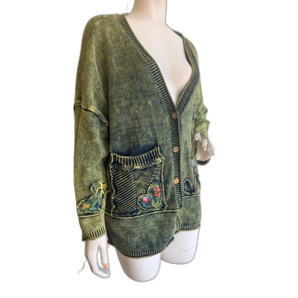 3&D Cardigan Sweater Embroidered Floral Boho Knit Oversized One Size